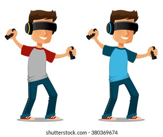 cartoon guy using virtual reality glasses with controllers. Funny young man playing VR game. Isolated on white. Vector eps file.