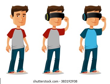 cartoon guy using virtual reality glasses. Young man in casual outfit, enjoying modern technology. Cartoon character, isolated on white.