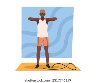 Cartoon guy warming up before jumping rope. Time for sports exercises. Physical activity. Workout time. Healthy lifestyle. Training indoor. Weightloss process. Vector