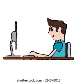 cartoon guy working space with desk laptop