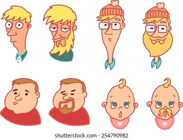 Cartoon guys with beard and without beard. Blond guys, brown hair guys, guys in glasses and with hat and cute baby. Vector illustration, set of people. 