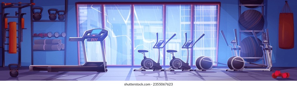 Cartoon gym with equipment, rainy cityscape view in window. Vector illustration of fitness center with treadmill, ellipse, cycling machine, dumbbell, fitball, punshing bag for workout, sport activity