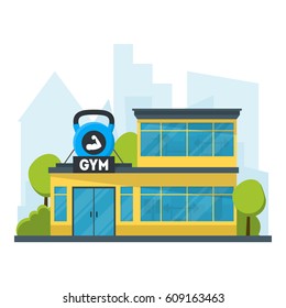 Cartoon Gym Fitness Building Exterior Facade Exercise Sport House Flat Design Style. Vector illustration