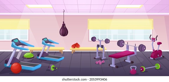 Cartoon gym interior with fitness equipment, city training club. Empty sport room with bench press, treadmill, dumbbells vector illustration. Space for doing active exercises or workout