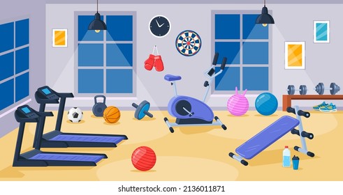 Cartoon gym interior room with sport fitness equipment. Sport elements, fitness room interior vector illustration. Dumbbells, treadmill and exercise bike. Activity gym with window