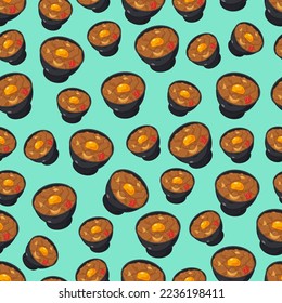 cartoon gyudon, japanese food seamless pattern on colorful background