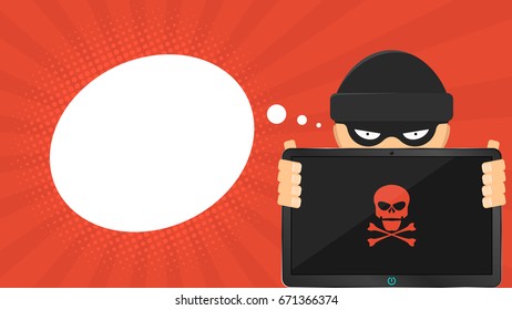 A cartoon hacker is holding a broken tablet in his hands. Empty cloud for text. Red skull on the screen. High-tech computer. Cartoon style. Vector illustration