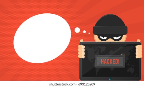 Cartoon hacker is holding a hacked tablet on a red background. System window warning and map of the earth. The system is hacked. Vector illustration in flat style