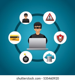 cartoon hacker man with cyber security icons around. colorful design. vector illustration