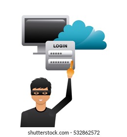 cartoon hacker man holding a key and  with monitor computer and cloud icon over white background. cyber security concept. colorful design. vector illustration