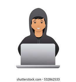 cartoon hacker man with laptop computer icon over white background. cyber security concept. colorful design. vector illustration