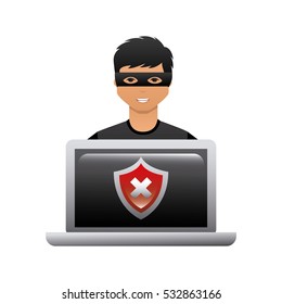 cartoon hacker man and laptop computer with wrong shield icon on screen over white background. cyber security concept. colorful design. vector illustration