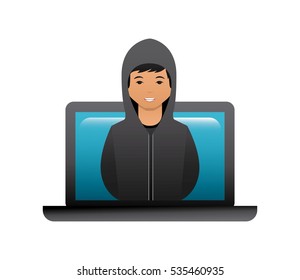 cartoon hacker man with laptop computer icon over white background. cyber security concept. colorful design. vector illustration