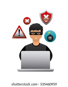 cartoon hacker man with laptop computer icon over white background. cyber security concept. colorful design. vector illustration