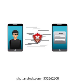 cartoon hacker man on smartphone device screen and wrong shield icon over white background. cyber security concept. colorful design. vector illustration