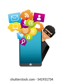 Cartoon Hacker Man With Smartphone Computer Icon Over White Background. Cyber Security Concept. Colorful Design. Vector Illustration