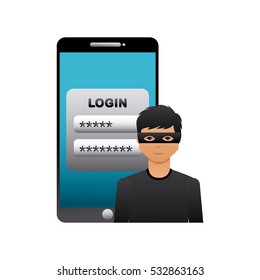 cartoon hacker man with smartphone device .cyber security concept. colorful design. vector illustration