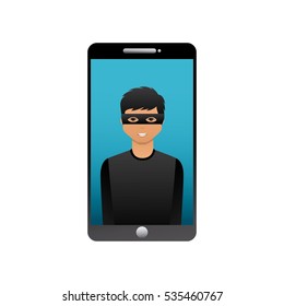 cartoon hacker man with smartphone device icon over white background. cyber security concept. colorful design. vector illustration