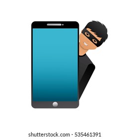 cartoon hacker man with smartphone device icon over white background. cyber security concept. colorful design. vector illustration