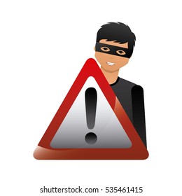 cartoon hacker man with warning sign icon over white background. cyber security concept. colorful design. vector illustration