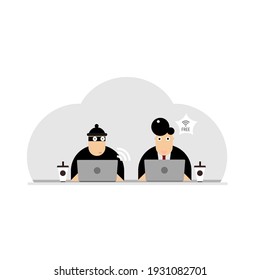 Cartoon of a hacker and victims, hacking a security of Cloud Computing.