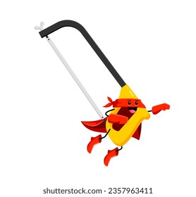 Cartoon hacksaw superhero character. Isolated vector daring comic book defender tool wear super hero costume, swiftly cutting through obstacles and enemies to save the day. Unstoppable brave personage