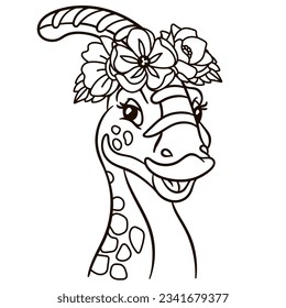 Cartoon hadrosaurus dinosaur in floral crown. Cute baby animal nursery print