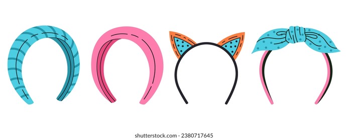 Cartoon hair band. Hand drawn female hair hoops and fabric headbands flat vector illustration collection on white background svg