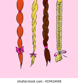 Cartoon hair braids thin line art illustration set of 4 different hair braids blonde brown hair redhead with bows isolated on pink background / vector eps 10