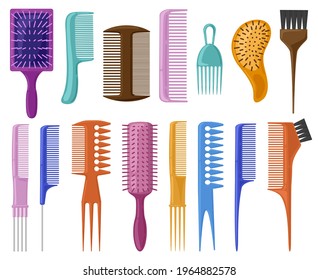 Cartoon hair brushes. Hair care plastic hair combs, fashionable hair styling brush vector illustration set. Hairdresser accessories tools. Beauty hairdresser brush, hairbrush to hairdressing equipment