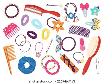 Cartoon hair clips. Stylist accessories, flat plastic hairdressing pin and clip. Equipment fashionable, fabric headband and hairpin decent vector collection