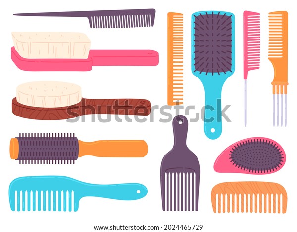Cartoon hairbrushes and professional comb for\
hair styling. Curling and style brush. Hairdresser, stylist and\
beauty salon tools vector set. Illustration of hairbrush and comb,\
haircut and grooming