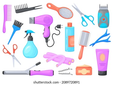 Cartoon hairdresser accessories. Professional tools for curling haircut barbershop, hair brush comb hairdryer razor scissors, beauty salon barber accessory, neat vector illustration. Hairdresser tools