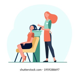 Cartoon hairdresser washing client hair flat vector illustration. Master doing care or washing procedure for woman sitting in chair. Hair care, beauty, business, service concept for banner design