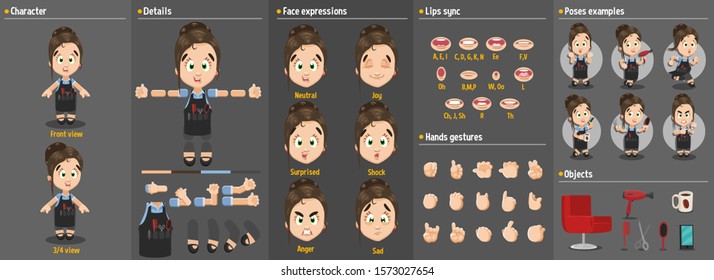 Cartoon Hairdresser Woman Constructor For Animation. Parts Of Body: Legs, Arms, Face Emotions, Hands Gestures, Lips Sync. Full Length, Front, Three Quater View. Set Of Ready To Use Poses, Objects.