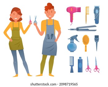 Cartoon hairdressers with accessories vector illustrations set. Characters in aprons with barbershop equipment: combs, scissors isolated on white background. Job or professions concept for kids