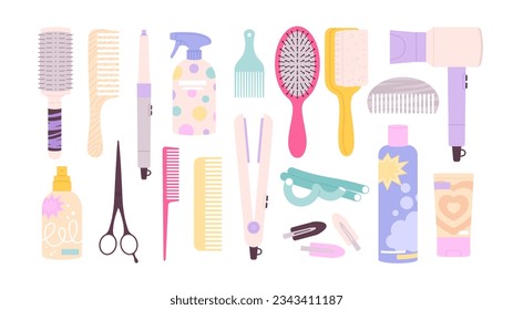 Cartoon hairdressing tools, cosmetics and equipment. Barbershop tool, brushes, scissors and hair dryer. Professional salon racy vector clipart