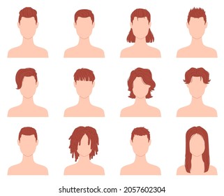 Cartoon hairstyles for men or boys with short, long and curly hair. Male haircut in barber salon. Flat fashion man hairstyle icon vector set. Stylish handsome coiffure isolated on white