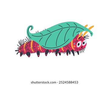 Oruga peluda de dibujos animados asustada bajo el icono de la hoja. Lindo gusano insecto gateo estilo garabato dibujado. Pequeños gusanos con ojos sorprendidos se mueven, fauna silvestre. Ilustración vectorial aislada en blanco