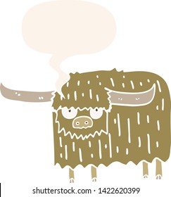 cartoon hairy cow with speech bubble in retro style