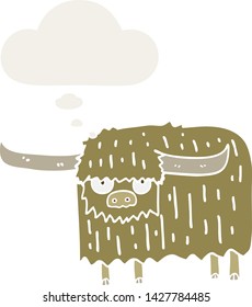 cartoon hairy cow with thought bubble in retro style