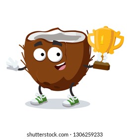 cartoon half of fresh coconut mascot holds the number one cup on white background