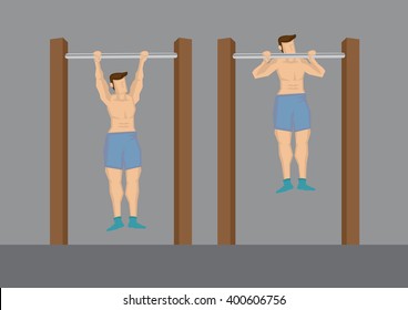 Cartoon Half Naked Man Doing Pull Up Exercise Using Outdoor Chin-up Bar. Vector Illustration Isolated On Grey Background.