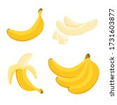 Cartoon half peeled banana and bunch of bananas. Tropical fruits, banana snack or vegetarian nutrition. Vegan food vector icons in a trendy cartoon style. Healthy food concept.