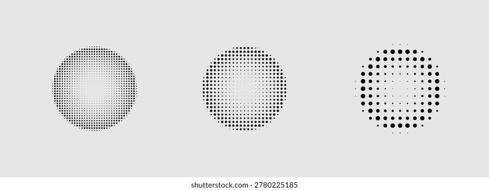 Cartoon halftone background set with distressed dot gradients and abstract geometric forms. Vector comic textures for branding, collage compositions, and creative templates.