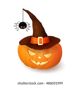 Cartoon Halloween 3d pumpkin with witch hat and hanging hairy black spider isolated on white background. Scary squash wearing brown cap with an orange ribbon and buckle. Vector illustration