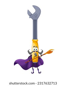 Cartoon halloween adjustable wrench tool wizard character. Repair diy or construction instrument hold magic staff. Isolated vector funny smiling personage dressed in warlock robe celebrate wiz party