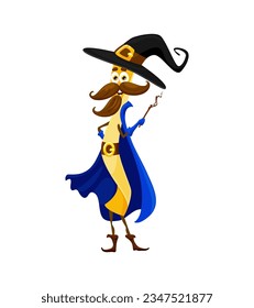 Cartoon Halloween all uovo pasta sorcerer character. Mage, sorcerer or warlock Italian noodle meal cute vector character. Magician all uovo pasta happy mascot or funny personage with magic wand