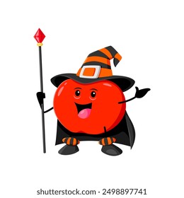 Cartoon Halloween apple fruit mage, wizard or witch character. Isolated vector mischievous mage personage with cheerful face and a pointy hat, casting fruity spells with a staff in a whimsical orchard