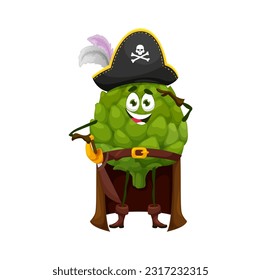 Cartoon Halloween artichoke pirate character. Vector All Hallows Eve plant cheerful corsair. Comic vegetable sea dog wear fete filibuster captain clothing. Greens wear buccaneer cocked hat and cape